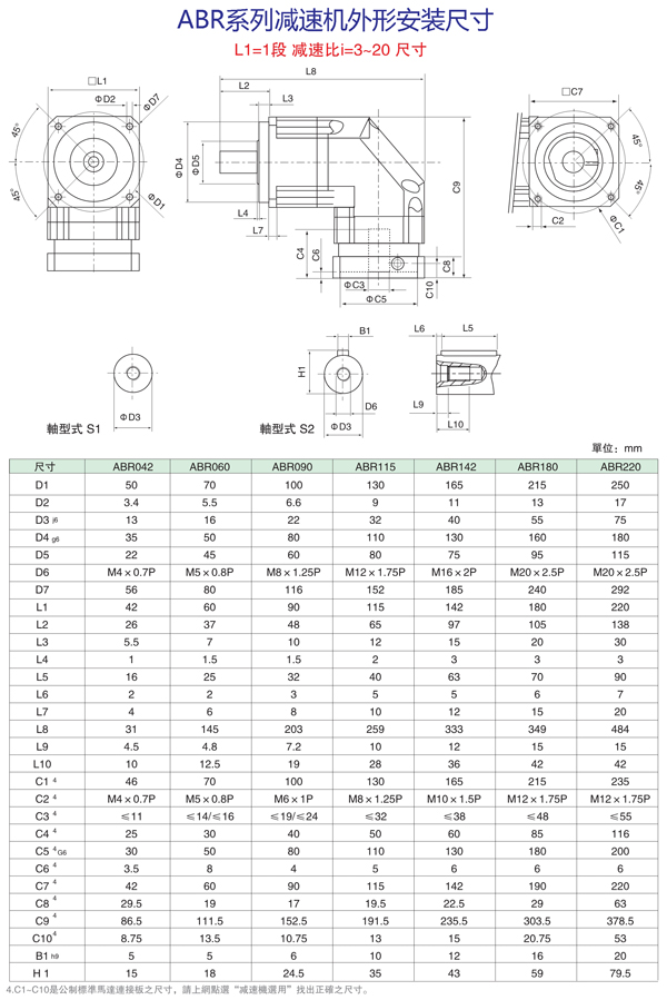 ABR系列3~20减速比减速机外形安装尺寸